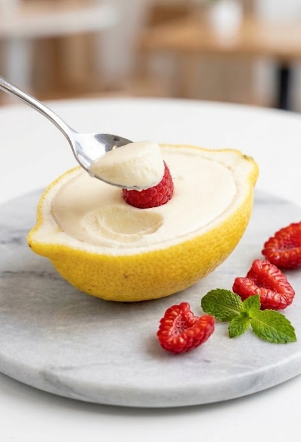 3-Ingredient Lemon Posset served in a hollowed lemon half with raspberries