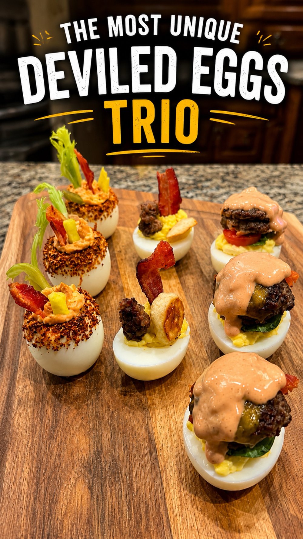 Triple Play Deviled Eggs — Bloody Mary, Breakfast, and Smash Burger